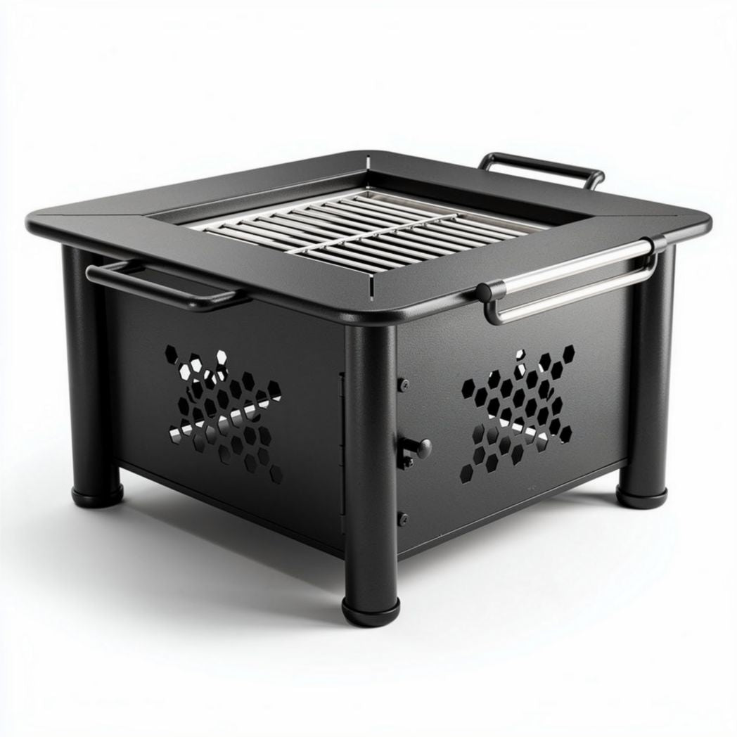 Grill ogrodowy kwadratowy 60 x 60 x 25cm z metalową konstrukcją czarny